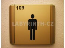 Cedulka ke dveřím - štítek ve zlatém eloxu s piktogramem WC muži