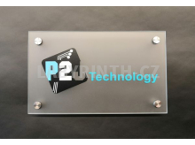 Skleněná firemní cedule v matném provedení na nerezových distancích